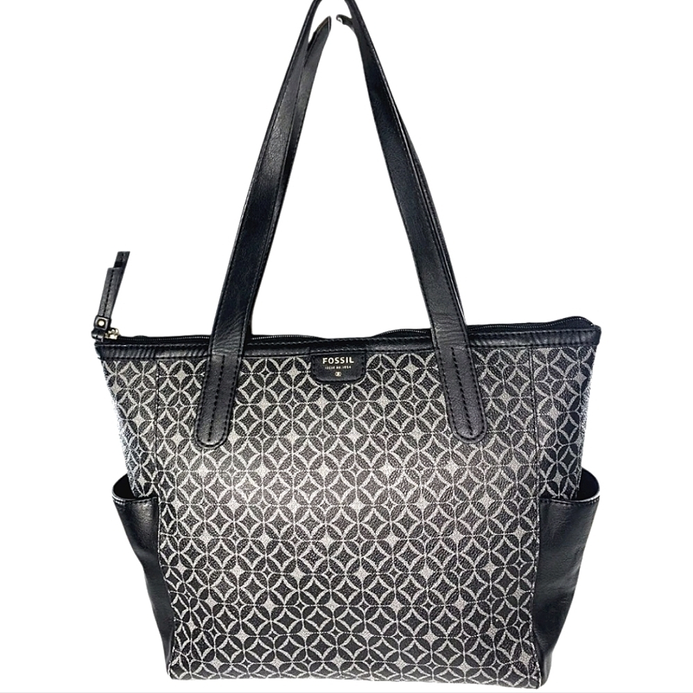 Fossil Sydney Tote Black Geometric Coated Canvas